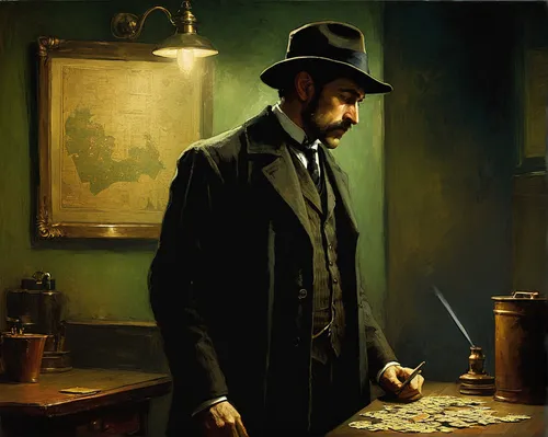 watchmaker,sherlock holmes,lev lagorio,holmes,abraham lincoln,pipe smoking,meticulous painting,italian painter,clockmaker,smoking man,inspector,lincoln,painting technique,investigator,wick,bram stoker,apothecary,man with a computer,the collector,game illustration,Art,Classical Oil Painting,Classical Oil Painting 44