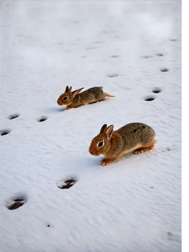 Rabbit footprints, snow-covered ground, winter scene, detailed fur texture, small size, cute expression, front paws together, hind legs apart, gentle stride, shallow depth of field, soft focus, warm l