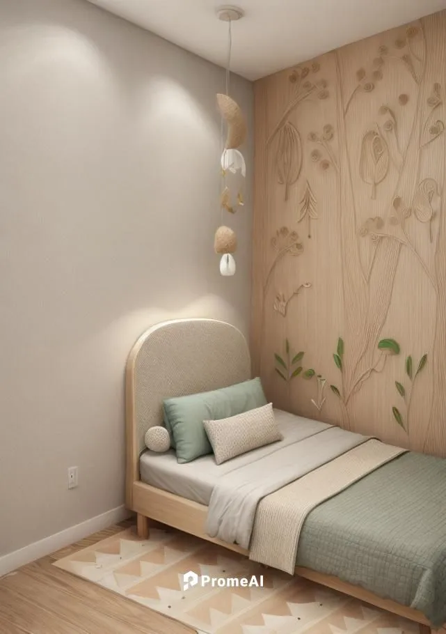 
create a kids room in a modern style. the main color is beige and creamy. Accent colors: sea green and pink. the hallway should be cozy and peaceful. eco-themed design. on the floor there is parket,s