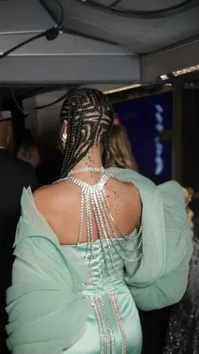 Rihanna the BFA Awards 2019,cornrows,drape,braided,diamond back,connective back,back of head,embellished,weave,sigourney weave,shoulder length,haute couture,the back,braids,girl from the back,neck,bea