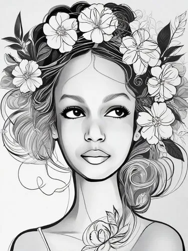 A stunning illustration of a woman's face, elegantly portrayed in one-line art style. Her features are delicately traced in a delicate, flowing line that captures her beauty. She wears a floral crown 