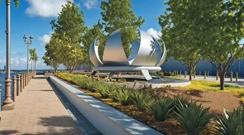 a 3d rendering of the futuristic park next to the water,k13 submarine memorial park,mangalia,pakuranga,bayfront,harborfront,harborwalk,Photography,General,Realistic