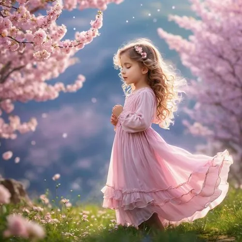 little girl in pink dress,spring blossom,spring background,springtime background,girl in flowers,little girl fairy,Photography,General,Natural