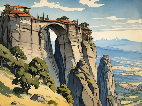 meteora,travel poster,bastei,mountain scene,austro,trifels,cool woodblock images,braque d'auvergne,yellow mountains,vintage illustration,mountainous landscape,mountain landscape,panoramic landscape,year of construction 1954 – 1962,landscape,vintage art,the valley of the,transilvania,the landscape of the mountains,1926,Illustration,Retro,Retro 19