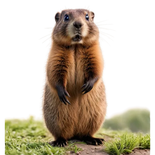 Groundhog, rodent, brown fur, fluffy whiskers, cute nose, bright curious eyes, standing upright, front paws together, hind legs bent, grassy terrain, morning sun, warm lighting, shallow depth of field