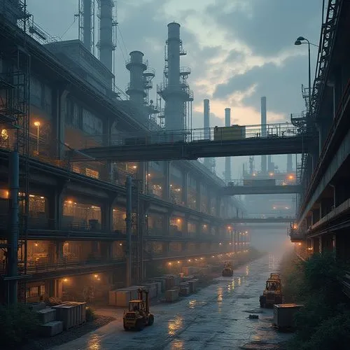 Industrial area, urban planning, modern architecture, factories, warehouses, smokestacks, cranes, metal beams, concrete floors, steel pipes, machinery, conveyor belts, LED lights, transparent roofs, l