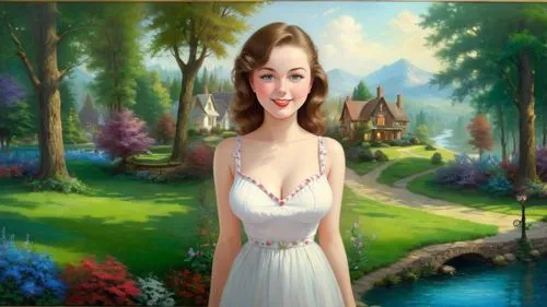 girl in a long dress,kisling,girl in the garden,landscape background,girl in white dress,ninfa,housemaid,dorthy,rosalinda,the girl in nightie,a charming woman,fairy tale character,girl in a long,photo painting,ilyin,maureen o'hara - female,fantasy picture,fonteyn,proprietress,heyer