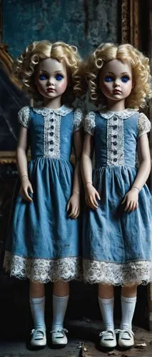 Creepy twin dolls, porcelain skin, identical faces, blue eyes, curly blonde hair, lace dresses, white socks, black Mary Jane shoes, standing back-to-back, abandoned mansion, dusty old furniture, cobwe