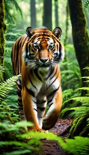 a tiger walking through the middle of a green jungle,sumatran tiger,tiger png,tiger