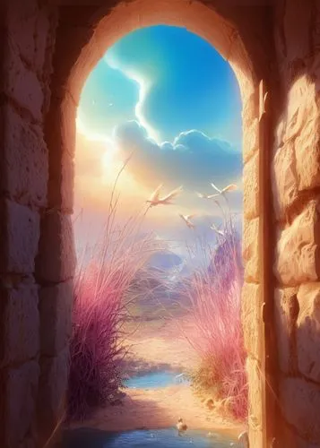 a window into the landscape has pink plants,windows wallpaper,heaven gate,landscape background,cartoon video game background,background with stones,fantasy picture,Illustration,Realistic Fantasy,Reali