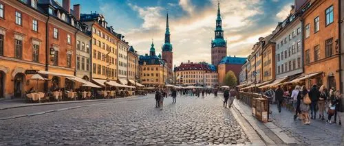 Stockholm, Sweden, architecture, grand, Baroque-style, colorful buildings, ornate details, copper rooftops, Gothic spires, grandiose staircases, stone walls, wooden doors, lanterns, cobblestone street