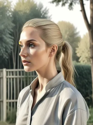 The picture shows a person with long, blond hair tied back in a high ponytail, standing barefoot outdoors in a wooded area. In the background are trees, bushes and a hint of a small fence in the middl