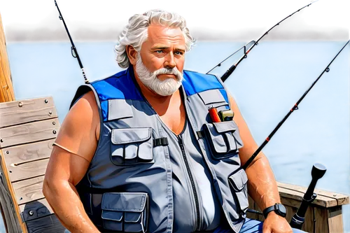 Fat fisherman, middle-aged man, muscular arms, white beard, messy hair, blue eyes, wrinkled skin, worn-out life jacket, grey vest, fishing rod in hand, sitting on wooden dock, morning sunlight, 3/4 co