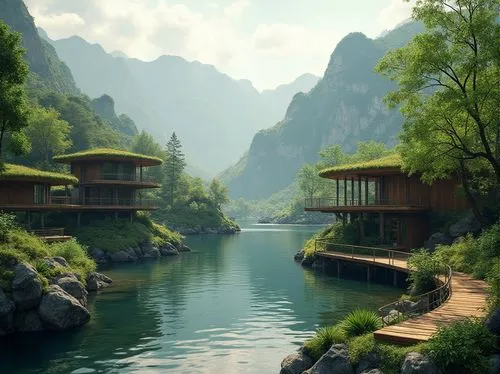 floating huts,houseboats,shaoming,idyllic,river landscape,world digital painting,fantasy landscape,shangri,mountain settlement,house in mountains,house by the water,house with lake,landscape background,house in the mountains,butka,mountain village,shangrila,mountain huts,alpine village,fishing village,Photography,General,Realistic