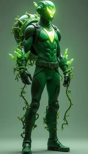 
3d realistic character of a Emerald green bodysuit with darker green patches. A large, bulb-shaped backpack that can open to release energy blasts. Retractable vine whips in gauntlets. ,Plant Hero,av