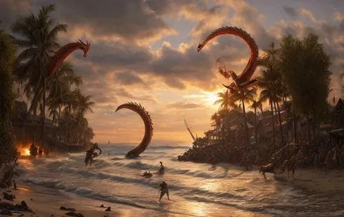 men fighting dragons on sunset beach,sea monsters,fantasy picture,primeval times,fantasy art,concept art,pterodactyls,fantasy landscape,landmannahellir,3d fantasy,paraglider sunset,kraken,merfolk,fant