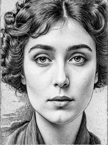 a drawing of a woman with big eyes and hair,schierstein,vintage female portrait,arya,nomellini,schierholtz,eponine,Design Sketch,Design Sketch,Black and white Comic