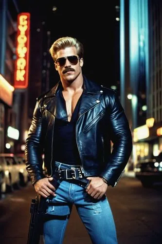 Muscular man, Duke Nukem, confident pose, sunglasses, blonde hair, thick mustache, leather jacket, ripped blue jeans, black boots, holding a shotgun, city streets, neon lights, skyscrapers, night scen