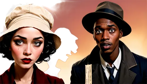 vintage man and woman,vintage boy and girl,roaring twenties couple,colorization,black couple,flapper couple,hat retro,stanfield,dexys,dolemite,fugees,sharecroppers,berets,colorizing,macnee,fifties,blues and jazz singer,clue,cleavon,retro cartoon people,Illustration,Realistic Fantasy,Realistic Fantasy 21