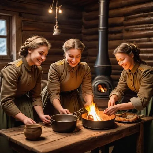 copper cookware,russian traditions,children's stove,girl scouts of the usa,mennonite heritage village,cooking pot,russian folk style,cast iron,scandinavian style,victorian kitchen,feuerzangenbowle,candlemaker,celebration of witches,wood-burning stove,gas stove,cookery,dutch oven,tin stove,young women,kitchen fire,Photography,General,Cinematic