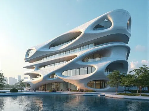 Futuristic building facade, fibreglass cladding, durable materiality, sleek modern architecture, angular lines, minimalist design, sustainable energy solutions, solar panels, wind turbines, water cons