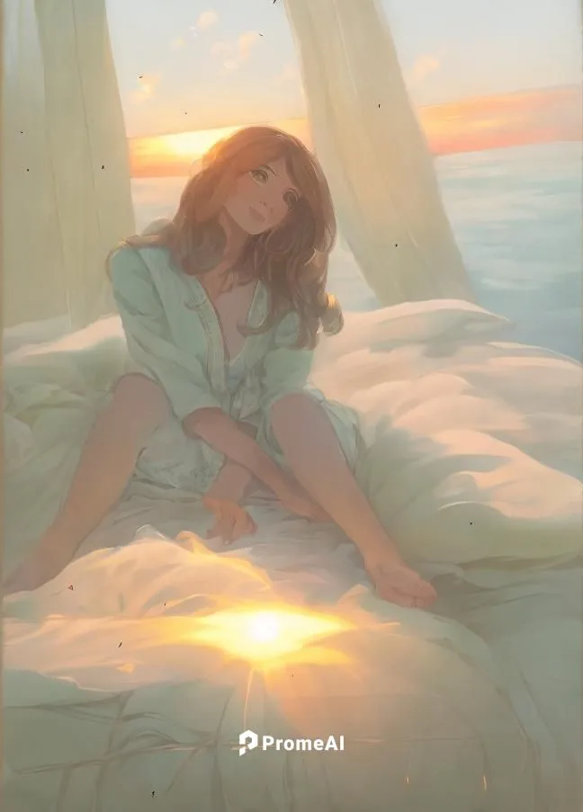 the caucasian girl, a perfect figure of a winter wonderland, basks in the soft glow of sunrise over the quiet room. She wears a soft white blouse and a pair of matching socks. She wears a stylish whit