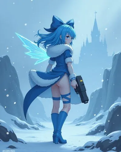 Cirno, blue hair, tomboy, sassy smile, large blue hair bow, fuzzy hood attached to blue and white battle leotard, ice cristal fairy wings, blue high-heeled, ankle-length boots, technological bracelet,