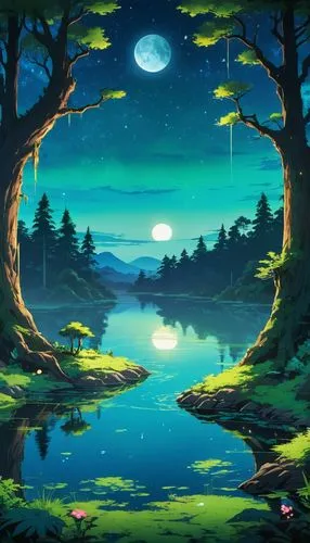 cartoon video game background,landscape background,fantasy landscape,nature background,moonlit night,forest landscape,evening lake,forest background,world digital painting,nature wallpaper,nature landscape,moon and star background,forest lake,frog background,lunar landscape,night scene,green landscape,beautiful wallpaper,fantasy picture,an island far away landscape,Illustration,Japanese style,Japanese Style 03