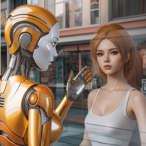 Realistic anime image for comics where you can see in the foreground a metallic female android with orange tones and white face makeup looking at herself in a shop window and seeing the reflection of 