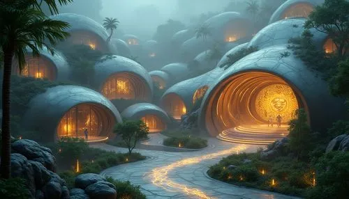 fantasy landscape,rivendell,igloos,mushroom landscape,fairy village,elves country,futuristic landscape,fantasy picture,mountain settlement,igloo,fantasy art,elven forest,snowhotel,ecotopia,roof domes,mountain village,alpine village,aurora village,ancient city,earthship,Photography,General,Realistic