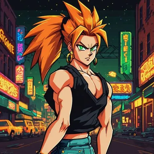 Female Saiyan, orange hair, spiky ponytail, green eyes, muscular toned arms, strong legs, ripped jeans, black tank top, golden earrings, confident stance, city street, night scene, neon lights reflect