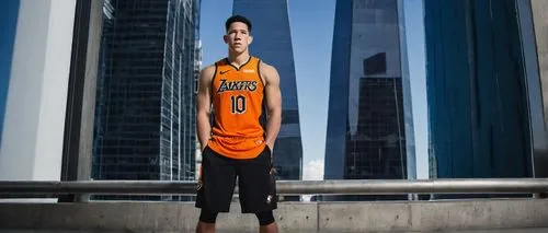 Devin Booker, NBA player, athletic build, muscular arms, serious facial expression, short black hair, Nike sneakers, sports jersey, basketball shorts, standing, posing, urban background, modern archit