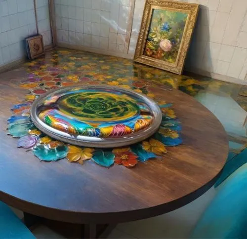 floor fountain,gnome and roulette table,rangoli,poker table,floral rangoli,circular puzzle,card table,murukku,children's interior,children's room,pookkalam,antique table,circle paint,sweet table,chair