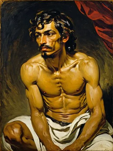 random,a painting with a man without any shirt on,caravaggio,delacroix,vouet,manganiello,caravelli,gericault,Art,Classical Oil Painting,Classical Oil Painting 08