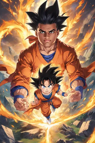 son goku,goku,takikomi gohan,dragon ball,dragonball,cg artwork,fire background,vegeta,dragon ball z,dragon slayers,father-son,explosion,nimbus,naruto,father and son,power icon,kame sennin,determination,custom portrait,father son