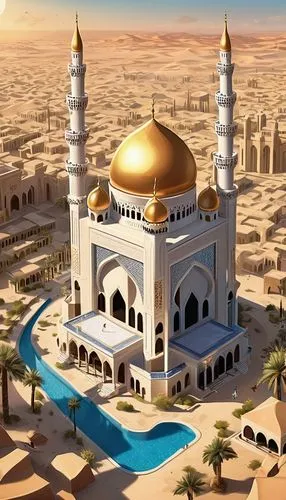 Dubai futuristic skyscraper, luxurious Arabian palace, grand mosque, intricate Islamic patterns, golden domes, minarets, majestic archways, ornate fountains, lavish interior, marble floors, crystal ch