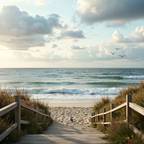 Sandy beach, ocean waves, seagulls flying, driftwood accents, weathered wooden decks, nautical ropes, sailboat-inspired railings, calming blue-green color palette, soft pastel hues, creamy whites, war