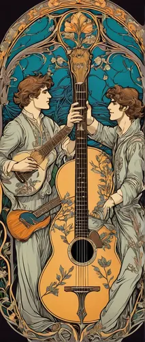 mucha,art nouveau,art nouveau design,classical guitar,bouzouki,mandolin,art nouveau frame,alfons mucha,constellation lyre,art nouveau frames,string instruments,banjo uke,stringed instrument,lyre,banjo guitar,musical instrument,musicians,balalaika,string instrument,painted guitar,Illustration,Retro,Retro 13