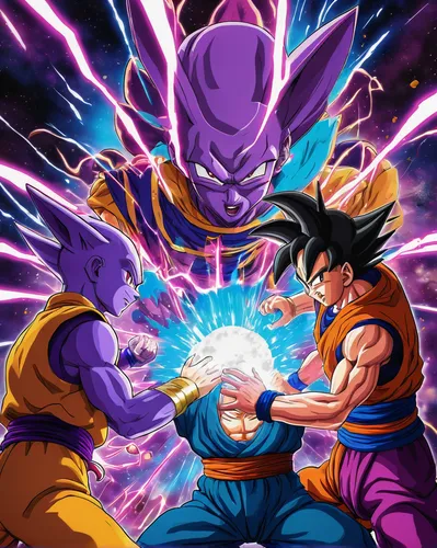 dragon ball z,dragon ball,dragonball,son goku,goku,trunks,kame sennin,cg artwork,takikomi gohan,super cell,a3 poster,chakra,vegeta,purple,april fools day background,would a background,power-up,sparking plub,power,easter banner,Illustration,Realistic Fantasy,Realistic Fantasy 36