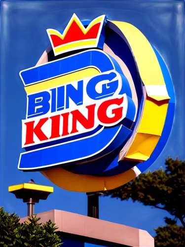 Burger King sign, fast food restaurant, bright yellow and blue colors, bold font, 3D letters, metal structure, shiny surface, morning light, shallow depth of field, low-angle shot, wide-angle lens.,ki