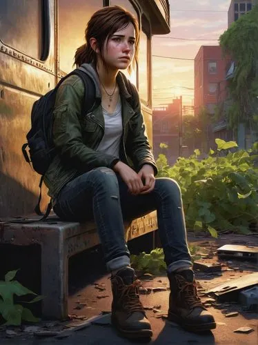 girl sitting,clementine,croft,cg artwork,girl in overalls,nora,jean jacket,cargo pants,gale,overalls,girl with bread-and-butter,the girl at the station,girl with a gun,sitting,worried girl,girl with gun,quiet,game art,newt,katniss,Conceptual Art,Daily,Daily 16