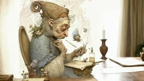 there is a man sitting at a table with an open book,diterlizzi,svankmajer,the gramophone,despereaux,gnomes at table,gnome and roulette table