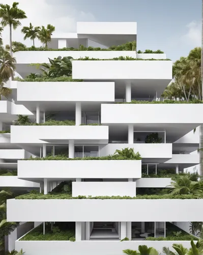 Miniature Bjarke Ingels staggered pixel architecture, symmetry, modern, chipboard, futuristic minimalist building facade. Puerto Rico Tropical Landscape gardens architecture, symmetric, schematic, pho