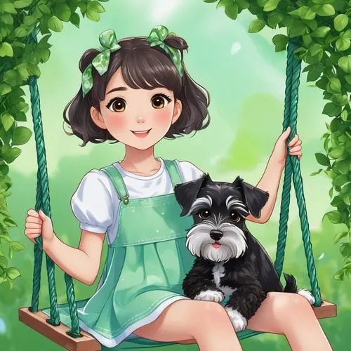 girl with dog,japanese terrier,dog illustration,shih tzu,puppy pet,shih poo,pet black,portrait background,pet,shih-poo,custom portrait,game illustration,garden swing,boy and dog,fairy tale character,green summer,fantasy portrait,dog cafe,pet portrait,long-haired hihuahua,Illustration,Japanese style,Japanese Style 01