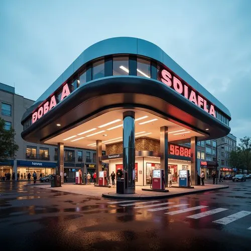 Curved streamline moderne gas station, neon signage, bold typography, metallic finishes, retro-futuristic vibe, sleek lines, minimalist architecture, cantilevered canopies, circular columns, glass bri