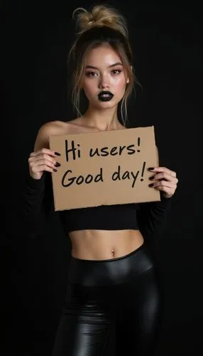 A 21yo petite model girl with light black hair in a messy bun is holding a cardboard sign that reads "Hi users!, Good day!" wearing a black off-shoulder top, full body, black nails and black lipstick,