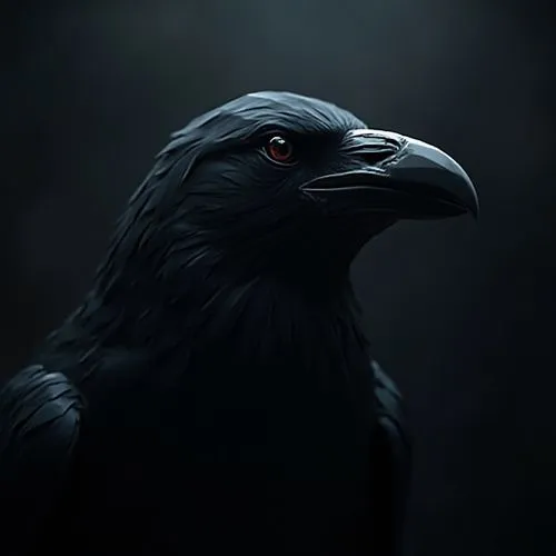 Abstract dark closeup picture of a polygon black raven with dark,a black bird with red eyes, dark background,black raven,black vulture,corvus,corvidae,3d crow,black crow,Photography,Artistic Photograp