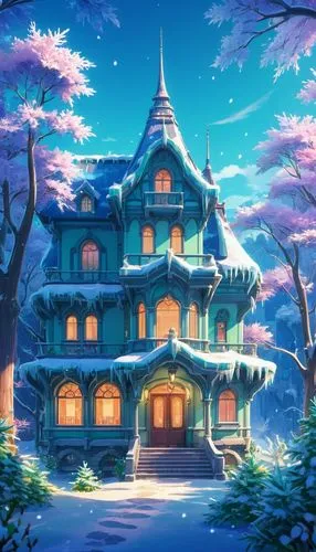 winter house,witch's house,dreamhouse,little house,house in the forest,lonely house,forest house,house silhouette,studio ghibli,ghibli,cartoon video game background,sylvania,aurora village,small house,beautiful wallpaper,winter background,beautiful home,snowhotel,children's background,christmas wallpaper,Illustration,Japanese style,Japanese Style 03