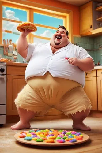 Comical fat man, big belly, white shirt, open buttons, revealing hairy chest, orange boxer shorts, slippers, funny facial expression, joyful atmosphere, kitchen setting, wooden table, flour-covered su