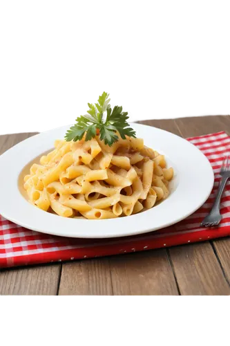 Pasta dish, Italian cuisine, white plate, golden fork, steam rising, savory aroma, close-up shot, shallow depth of field, warm lighting, rustic wooden table, red checkered tablecloth, fresh parsley sp